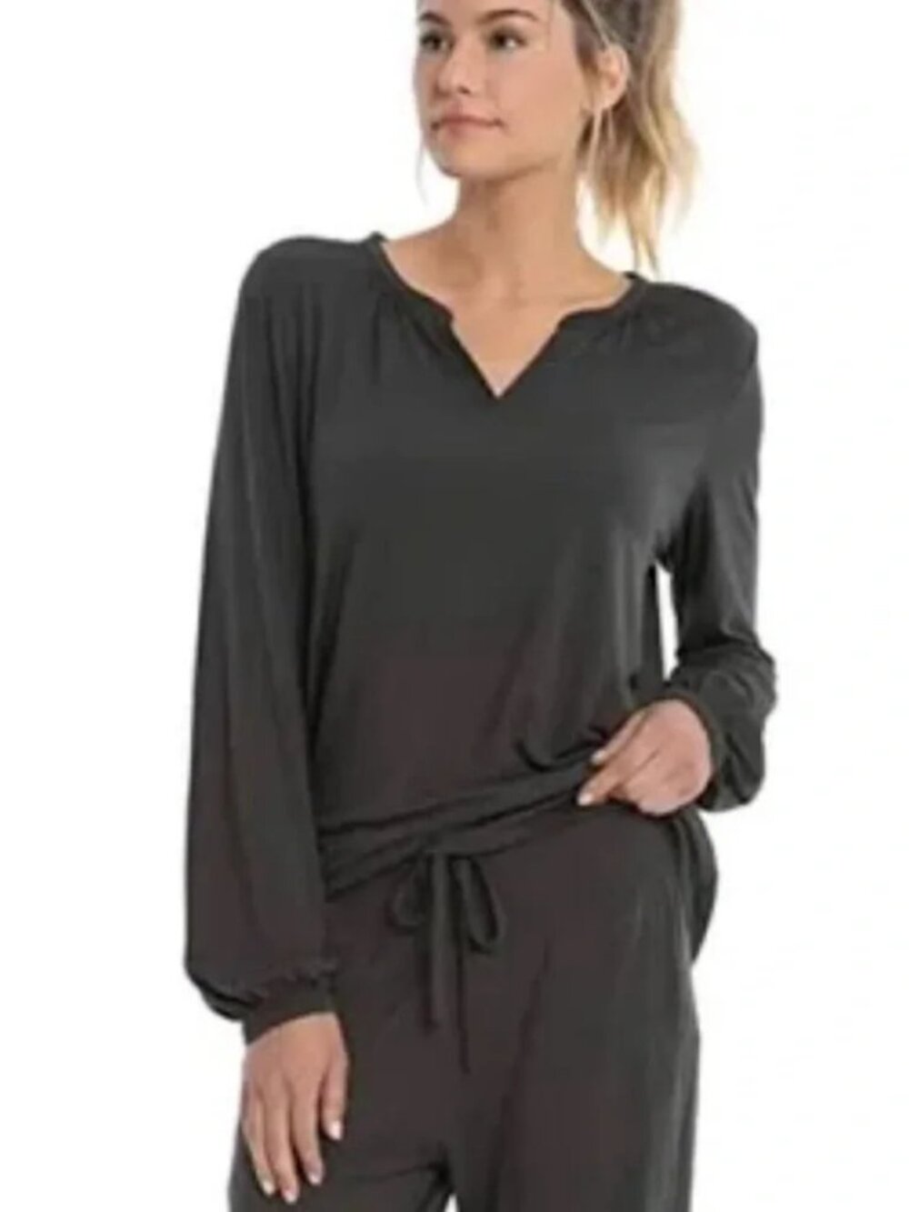 Barefoot Dreams Dark Grey Luxe Milk Jersey Long Sleeve V Neck Top